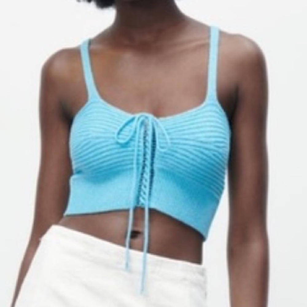 Zara - Knit Blue Crop Top with Lace Up Front